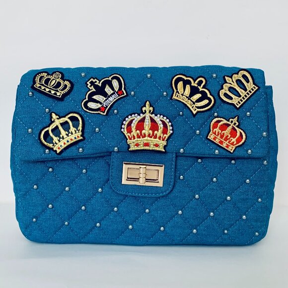 Garell Blue Quilted Denim Backpack HandEmbellished with Crown Design Fashion Bag - Picture 1 of 4